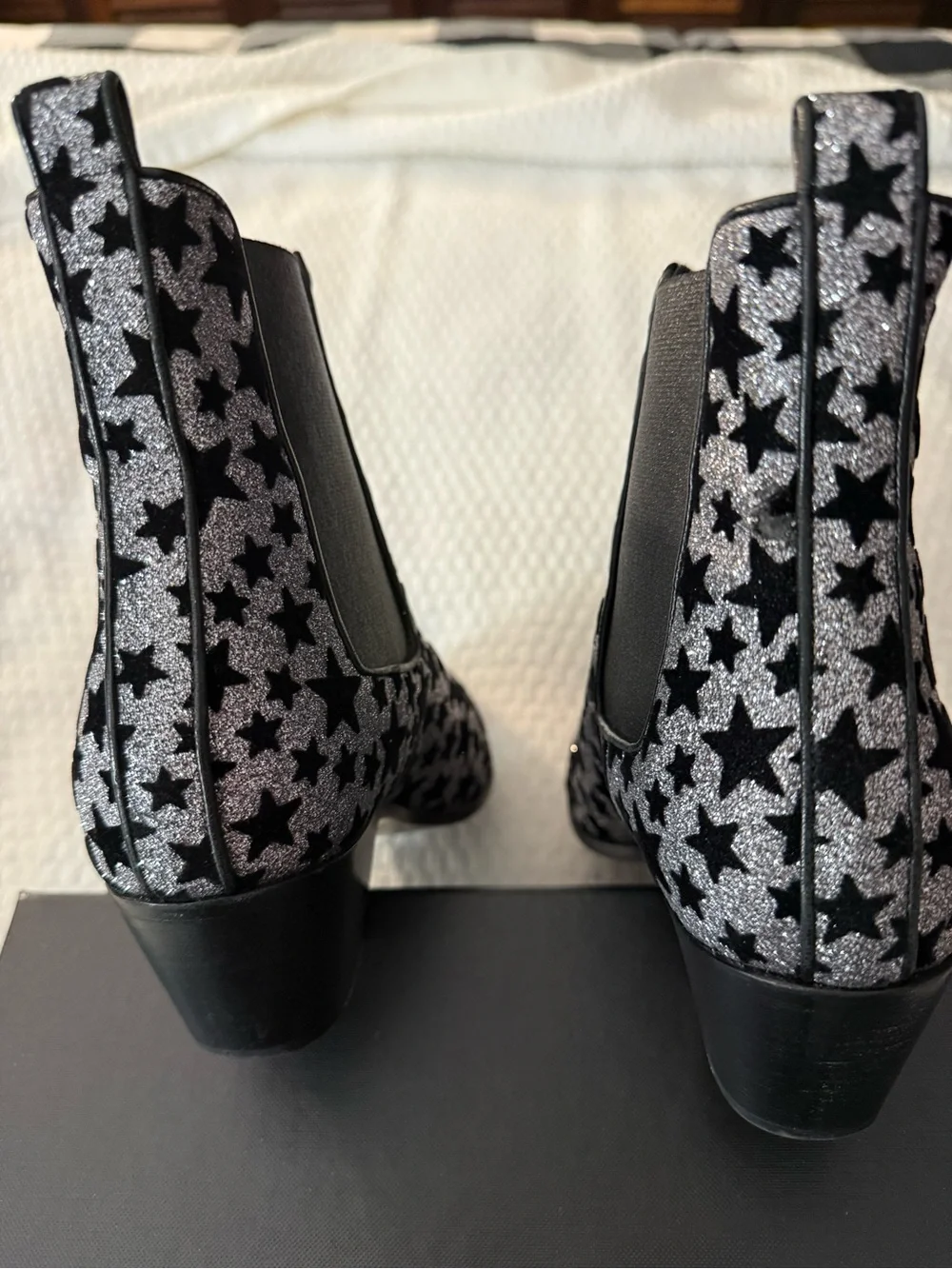 Yves Saint Laurent Silver and Black Star-Print Ankle Boots